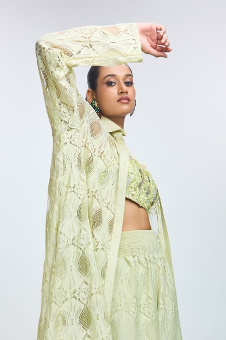 Nirmooha Green Chiffon Sequins Bandeau Neck, Collared Embroidered Jacket Pant Set at Aza Fashions Nirmooha_Green Chiffon Sequins Bandeau Neck, Collared Embroidered Jacket Pant Set _at_Aza_Fashions