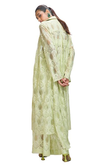 Buy Nirmooha Green Chiffon Sequins Bandeau Neck, Collared Embroidered Jacket Pant Set Buy_Nirmooha_Green Chiffon Sequins Bandeau Neck, Collared Embroidered Jacket Pant Set