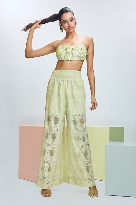 Nirmooha Green Chantilly Hand Embroidered Tube Neck Blouse And Pant Set 