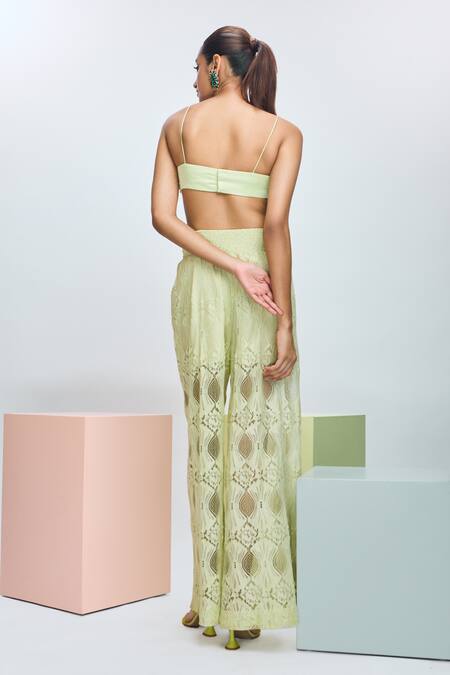 Shop Nirmooha Green Lace Lace, Sequins Bandeau Neck Embroidered Blouse And Pant Set at Aza Fashions Shop_Nirmooha_Green Lace Lace, Sequins Bandeau Neck Embroidered Blouse And Pant Set _at_Aza_Fashions