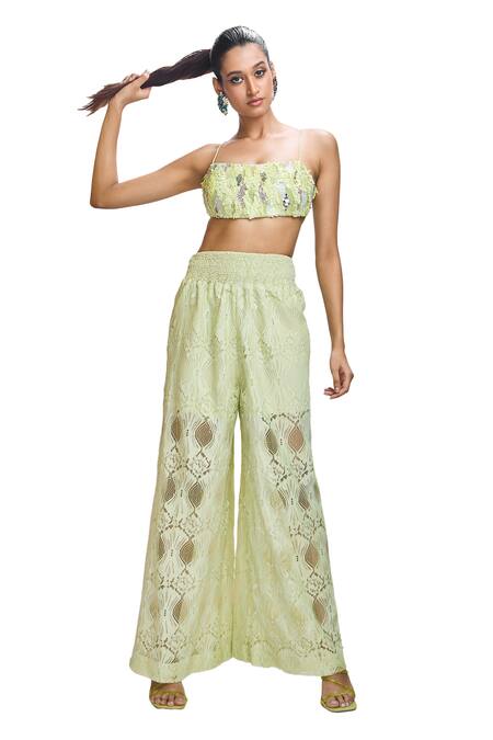 Nirmooha Green Lace Lace, Sequins Bandeau Neck Embroidered Blouse And Pant Set Online at Aza Fashions Nirmooha_Green Lace Lace, Sequins Bandeau Neck Embroidered Blouse And Pant Set _Online_at_Aza_Fashions