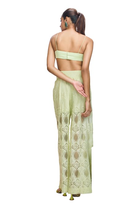 Shop Nirmooha Green Lace Lace, Sequins Bandeau Neck Embroidered Blouse And Pant Set Online at Aza Fashions Shop_Nirmooha_Green Lace Lace, Sequins Bandeau Neck Embroidered Blouse And Pant Set _Online_at_Aza_Fashions