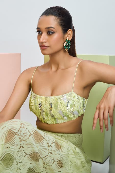 Nirmooha Green Lace Lace, Sequins Bandeau Neck Embroidered Blouse And Pant Set at Aza Fashions Nirmooha_Green Lace Lace, Sequins Bandeau Neck Embroidered Blouse And Pant Set _at_Aza_Fashions
