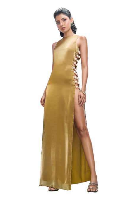 Buy_Nirmooha_Green Organza Pearls, Chains High Neck And Detail A-line Gown _Online_at_Aza_Fashions