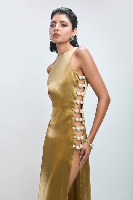 Nirmooha_Green Organza Pearls, Chains High Neck And Detail A-line Gown _at_Aza_Fashions