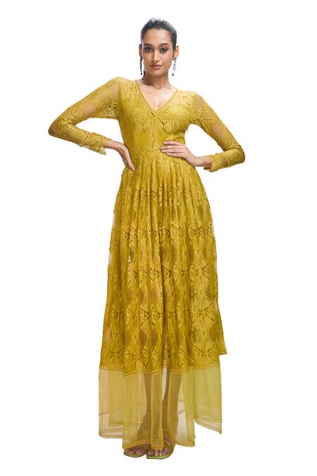 Buy_Nirmooha_Green Chiffon V-neck V Solid Maxi Dress _Online_at_Aza_Fashions