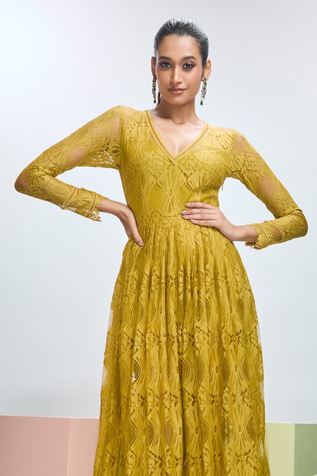 Shop_Nirmooha_Green Chiffon V-neck V Solid Maxi Dress _Online_at_Aza_Fashions
