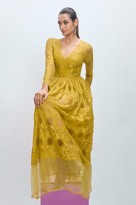 Nirmooha_Green Chiffon V-neck V Solid Maxi Dress _at_Aza_Fashions