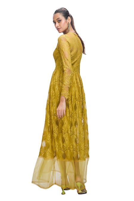 Buy_Nirmooha_Green Chiffon V-neck V Solid Maxi Dress 