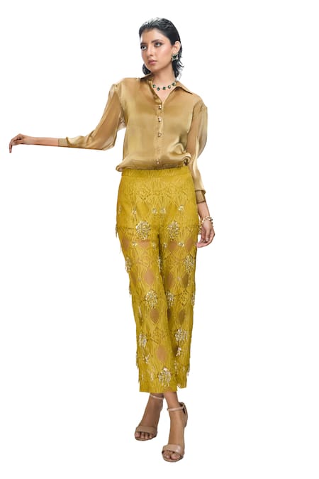 Nirmooha_Green Chiffon, Chanderi Sequins, Beads Collared Solid Shirt And Pant Set _Online_at_Aza_Fashions