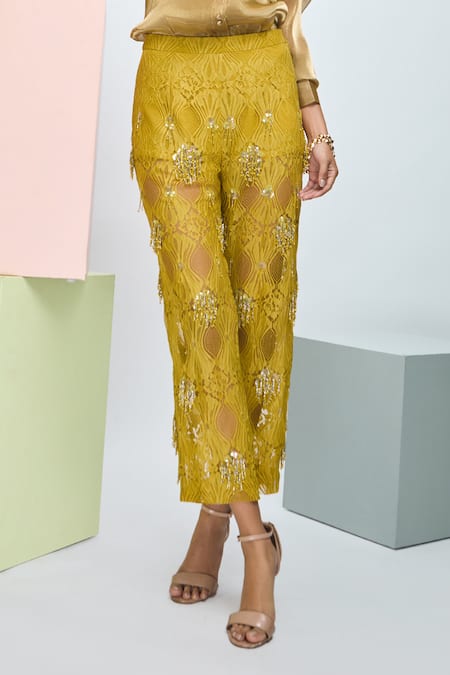 Buy_Nirmooha_Green Chiffon, Chanderi Sequins, Beads Collared Solid Shirt And Pant Set _Online_at_Aza_Fashions