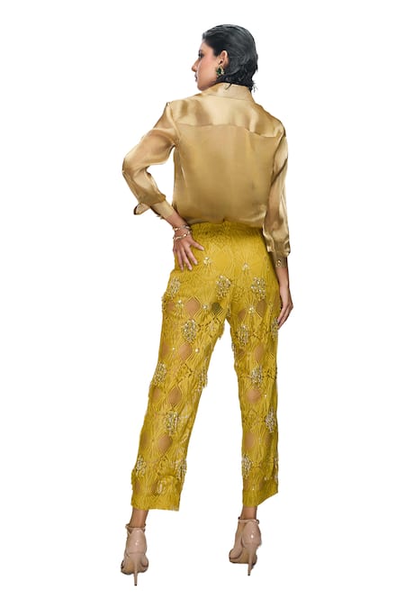 Shop_Nirmooha_Green Chiffon, Chanderi Sequins, Beads Collared Solid Shirt And Pant Set _Online_at_Aza_Fashions