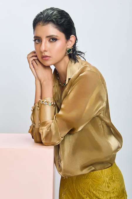 Nirmooha_Green Chiffon, Chanderi Sequins, Beads Collared Solid Shirt And Pant Set _at_Aza_Fashions