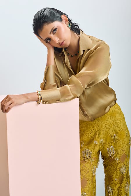 Buy_Nirmooha_Green Chiffon, Chanderi Sequins, Beads Collared Solid Shirt And Pant Set 