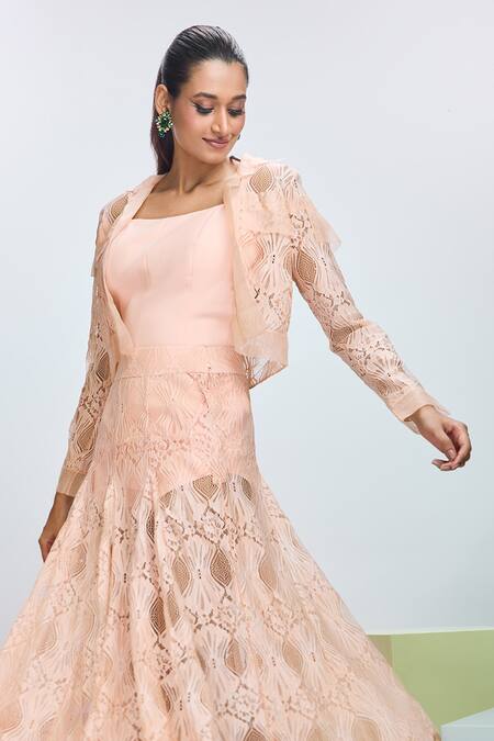 Nirmooha_Peach Chiffon Embroidery Round Neck Solid Jacket And Skirt Set _Online_at_Aza_Fashions