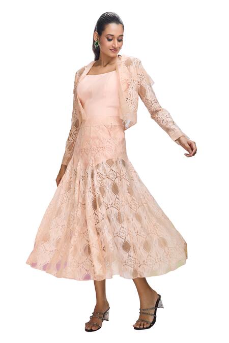 Buy_Nirmooha_Peach Chiffon Embroidery Round Neck Solid Jacket And Skirt Set _Online_at_Aza_Fashions
