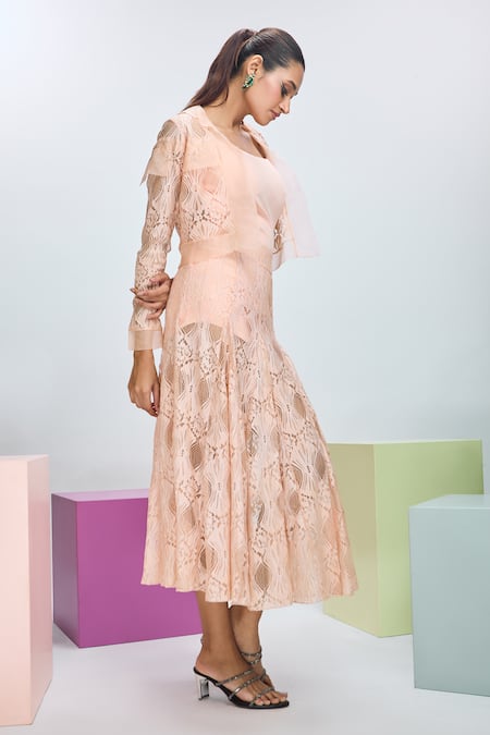 Shop_Nirmooha_Peach Chiffon Embroidery Round Neck Solid Jacket And Skirt Set _Online_at_Aza_Fashions