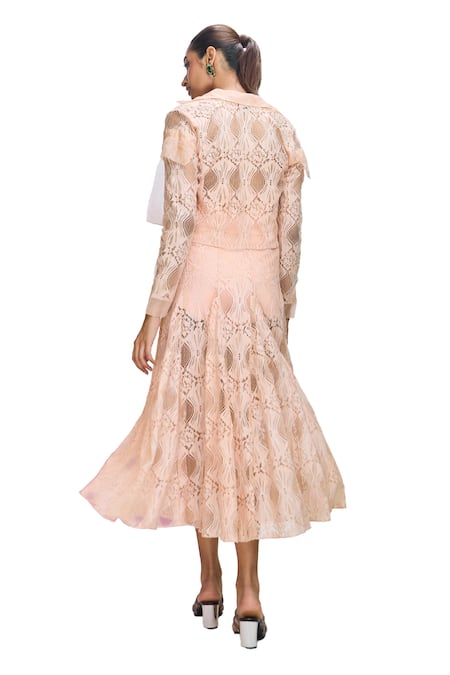 Nirmooha_Peach Chiffon Embroidery Round Neck Solid Jacket And Skirt Set _at_Aza_Fashions