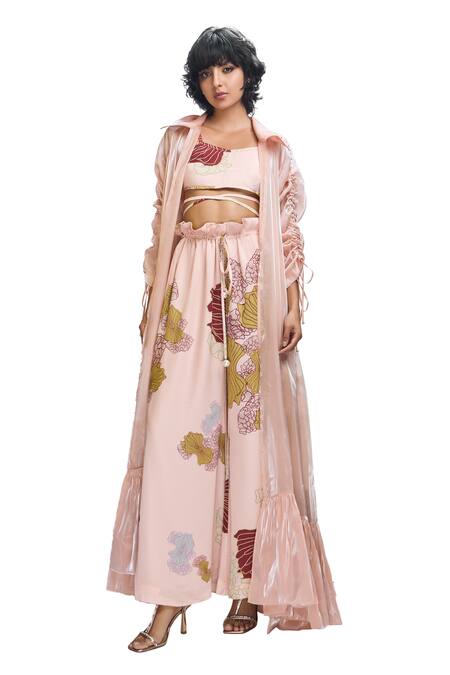 Nirmooha Peach Modal, Satin, Organza Embroidery Tie-up Jacket With Printed Pant Set Online at Aza Fashions Nirmooha_Peach Modal, Satin, Organza Embroidery Tie-up Jacket With Printed Pant Set _Online_at_Aza_Fashions