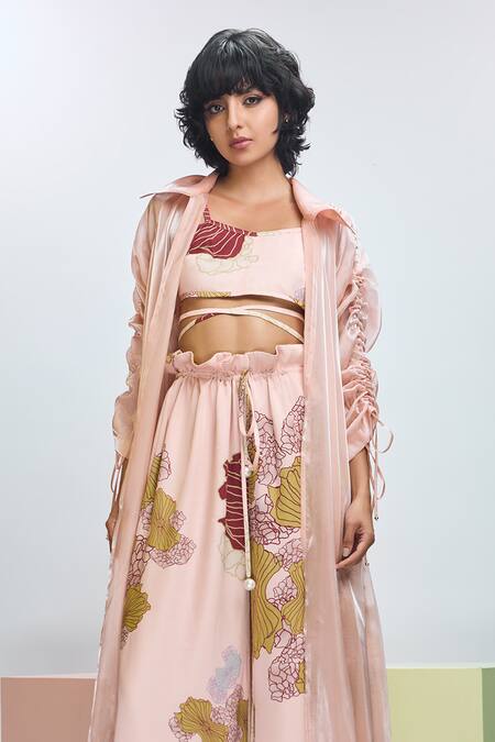 Buy Nirmooha Peach Modal, Satin, Organza Embroidery Tie-up Jacket With Printed Pant Set Online at Aza Fashions Buy_Nirmooha_Peach Modal, Satin, Organza Embroidery Tie-up Jacket With Printed Pant Set _Online_at_Aza_Fashions