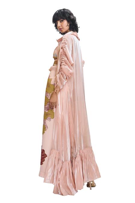 Shop Nirmooha Peach Modal, Satin, Organza Embroidery Tie-up Jacket With Printed Pant Set Online at Aza Fashions Shop_Nirmooha_Peach Modal, Satin, Organza Embroidery Tie-up Jacket With Printed Pant Set _Online_at_Aza_Fashions
