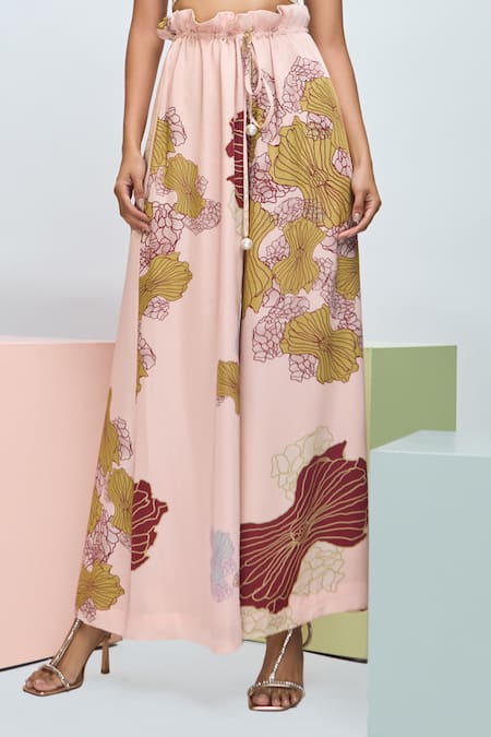 Buy Nirmooha Peach Modal, Satin Sweetheart Neck Floral Print Crop Top And Pant Set Online at Aza Fashions Buy_Nirmooha_Peach Modal, Satin Sweetheart Neck Floral Print Crop Top And Pant Set _Online_at_Aza_Fashions