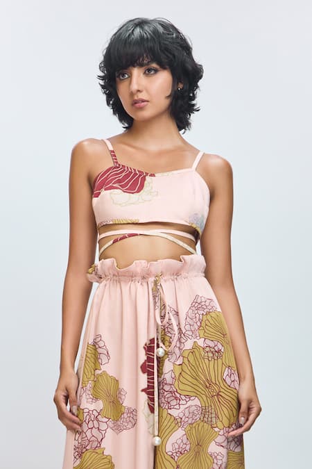 Shop Nirmooha Peach Modal, Satin Sweetheart Neck Floral Print Crop Top And Pant Set Online at Aza Fashions Shop_Nirmooha_Peach Modal, Satin Sweetheart Neck Floral Print Crop Top And Pant Set _Online_at_Aza_Fashions