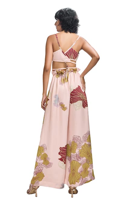 Nirmooha Peach Modal, Satin Sweetheart Neck Floral Print Crop Top And Pant Set at Aza Fashions Nirmooha_Peach Modal, Satin Sweetheart Neck Floral Print Crop Top And Pant Set _at_Aza_Fashions