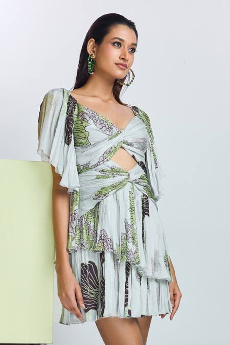 Buy_Nirmooha_Grey Lurex, Chiffon Embroidery Sweetheart Neck Floral Print Ruched Dress _Online_at_Aza_Fashions