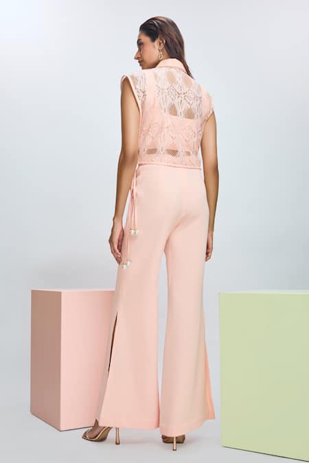 Shop Nirmooha Peach Chiffon Lace Collared Solid Top And Pant Set at Aza Fashions Shop_Nirmooha_Peach Chiffon Lace Collared Solid Top And Pant Set _at_Aza_Fashions