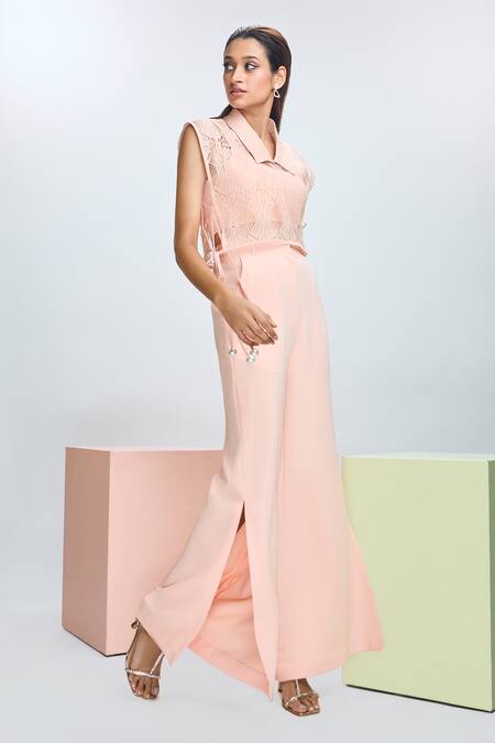 Nirmooha Peach Chiffon Lace Collared Solid Top And Pant Set Online at Aza Fashions Nirmooha_Peach Chiffon Lace Collared Solid Top And Pant Set _Online_at_Aza_Fashions