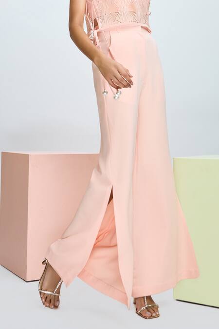 Buy Nirmooha Peach Chiffon Lace Collared Solid Top And Pant Set Online at Aza Fashions Buy_Nirmooha_Peach Chiffon Lace Collared Solid Top And Pant Set _Online_at_Aza_Fashions