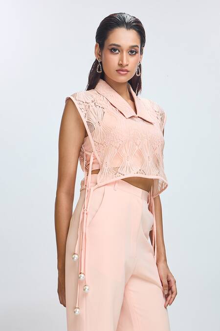 Shop Nirmooha Peach Chiffon Lace Collared Solid Top And Pant Set Online at Aza Fashions Shop_Nirmooha_Peach Chiffon Lace Collared Solid Top And Pant Set _Online_at_Aza_Fashions