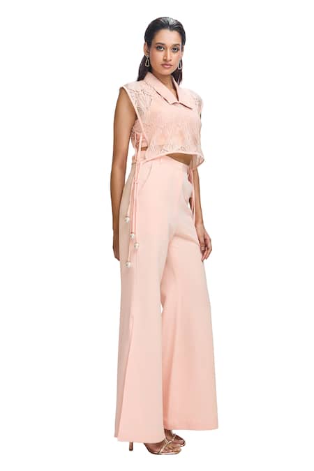 Nirmooha Peach Chiffon Lace Collared Solid Top And Pant Set at Aza Fashions Nirmooha_Peach Chiffon Lace Collared Solid Top And Pant Set _at_Aza_Fashions