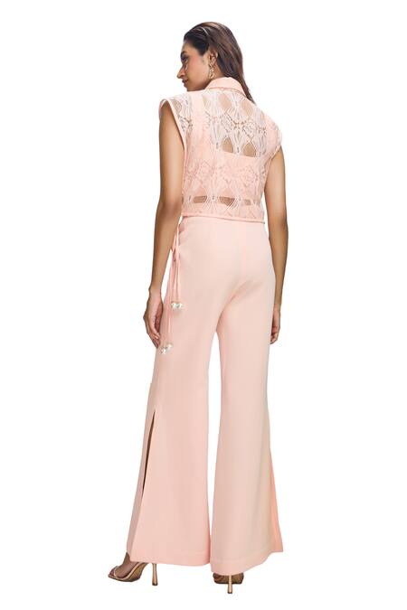 Buy Nirmooha Peach Chiffon Lace Collared Solid Top And Pant Set Buy_Nirmooha_Peach Chiffon Lace Collared Solid Top And Pant Set