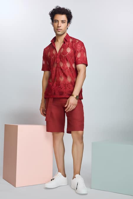 Nirmooha Red Linen Solid Shorts With Belt 