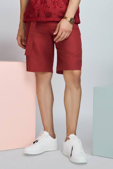 Buy Nirmooha Red Linen Solid Shorts With Belt Online at Aza Fashions Buy_Nirmooha_Red Linen Solid Shorts With Belt _Online_at_Aza_Fashions