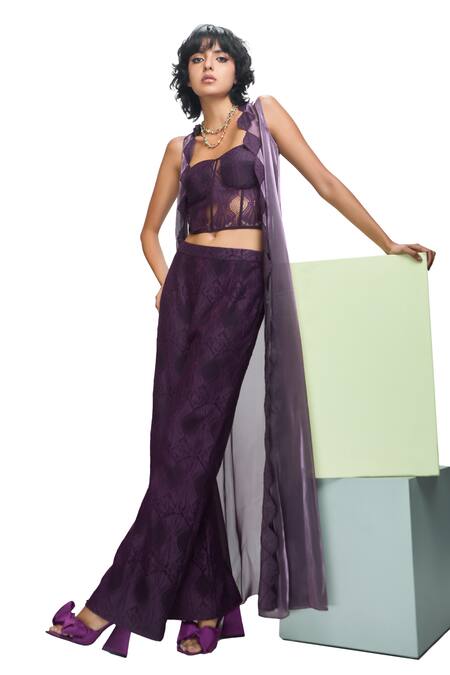 Shop Nirmooha Purple Lace Lace, Embroidery Sweetheart Neck Solid Sleeveless Cape Pant Set Online at Aza Fashions Shop_Nirmooha_Purple Lace Lace, Embroidery Sweetheart Neck Solid Sleeveless Cape Pant Set _Online_at_Aza_Fashions
