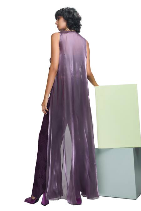 Nirmooha Purple Lace Lace, Embroidery Sweetheart Neck Solid Sleeveless Cape Pant Set at Aza Fashions Nirmooha_Purple Lace Lace, Embroidery Sweetheart Neck Solid Sleeveless Cape Pant Set _at_Aza_Fashions