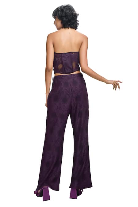Nirmooha Purple Lace Sweetheart Neck Solid Corset And Straight Pant Set Online at Aza Fashions Nirmooha_Purple Lace Sweetheart Neck Solid Corset And Straight Pant Set _Online_at_Aza_Fashions