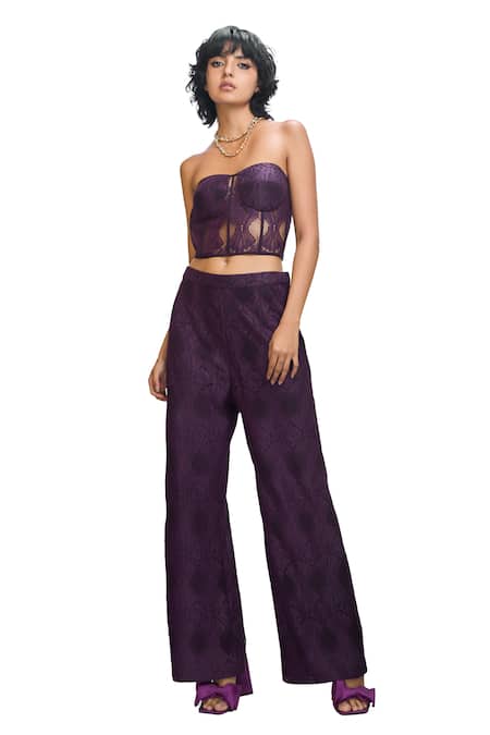 Nirmooha Purple Lace Sweetheart Neck Solid Corset And Straight Pant Set at Aza Fashions Nirmooha_Purple Lace Sweetheart Neck Solid Corset And Straight Pant Set _at_Aza_Fashions