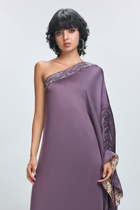 Nirmooha Purple Modal, Satin Sequins, Beads, Cut Work One Neck Hand Embroidered Kaftan Online at Aza Fashions Nirmooha_Purple Modal, Satin Sequins, Beads, Cut Work One Neck Hand Embroidered Kaftan _Online_at_Aza_Fashions