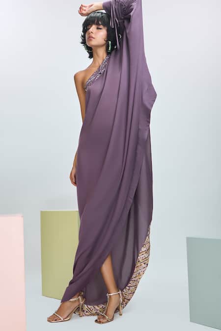 Shop Nirmooha Purple Modal, Satin Sequins, Beads, Cut Work One Neck Hand Embroidered Kaftan Online at Aza Fashions Shop_Nirmooha_Purple Modal, Satin Sequins, Beads, Cut Work One Neck Hand Embroidered Kaftan _Online_at_Aza_Fashions