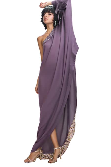 Nirmooha Purple Modal, Satin Sequins, Beads, Cut Work One Neck Hand Embroidered Kaftan at Aza Fashions Nirmooha_Purple Modal, Satin Sequins, Beads, Cut Work One Neck Hand Embroidered Kaftan _at_Aza_Fashions