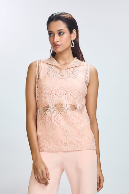 Nirmooha Peach Chiffon, Microfiber Collared Solid Sleeveless Top And Pant Set Online at Aza Fashions Nirmooha_Peach Chiffon, Microfiber Collared Solid Sleeveless Top And Pant Set _Online_at_Aza_Fashions