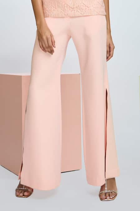 Buy Nirmooha Peach Chiffon, Microfiber Collared Solid Sleeveless Top And Pant Set Online at Aza Fashions Buy_Nirmooha_Peach Chiffon, Microfiber Collared Solid Sleeveless Top And Pant Set _Online_at_Aza_Fashions