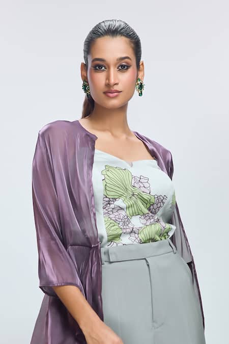 Nirmooha Purple Modal, Satin, Organza, Microfiber Solid Trench Coat With Printed Pant Set Online at Aza Fashions Nirmooha_Purple Modal, Satin, Organza, Microfiber Solid Trench Coat With Printed Pant Set _Online_at_Aza_Fashions