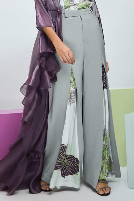 Buy Nirmooha Purple Modal, Satin, Organza, Microfiber Solid Trench Coat With Printed Pant Set Online at Aza Fashions Buy_Nirmooha_Purple Modal, Satin, Organza, Microfiber Solid Trench Coat With Printed Pant Set _Online_at_Aza_Fashions