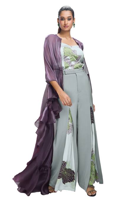 Shop Nirmooha Purple Modal, Satin, Organza, Microfiber Solid Trench Coat With Printed Pant Set Online at Aza Fashions Shop_Nirmooha_Purple Modal, Satin, Organza, Microfiber Solid Trench Coat With Printed Pant Set _Online_at_Aza_Fashions