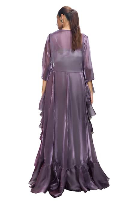 Nirmooha Purple Modal, Satin, Organza, Microfiber Solid Trench Coat With Printed Pant Set at Aza Fashions Nirmooha_Purple Modal, Satin, Organza, Microfiber Solid Trench Coat With Printed Pant Set _at_Aza_Fashions